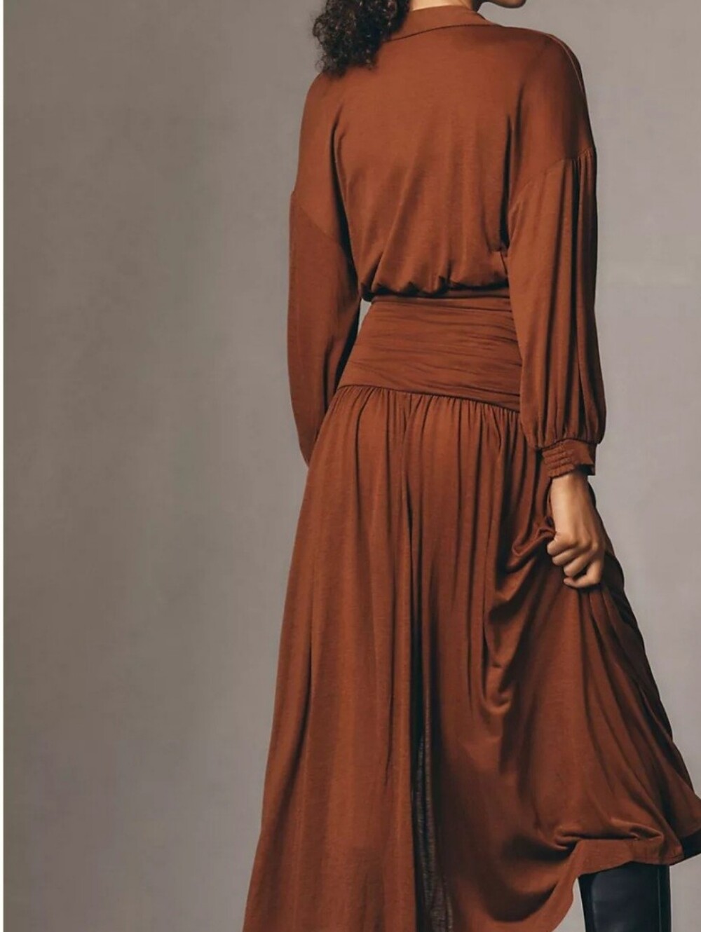 Anthropologie Maeve Long-Sleeve V-Neck Ruched Midi Dress - Cedar Brown - Size M